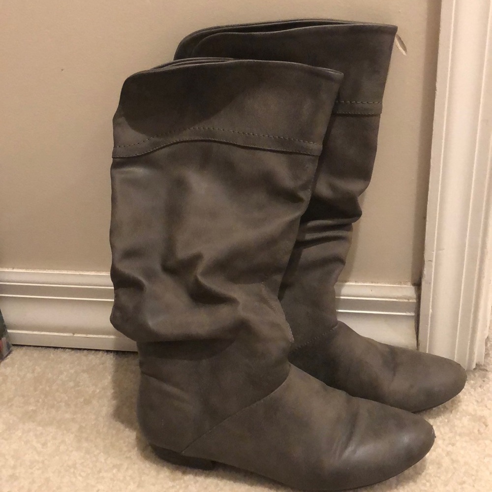 Gray knee high boots